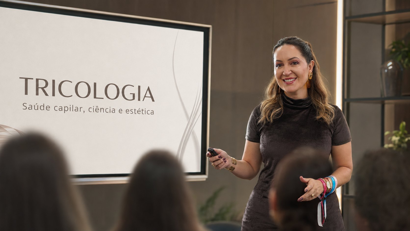 Eula Cunha ministrando palestra sobre Tricologia — saúde capilar, ciência e estética